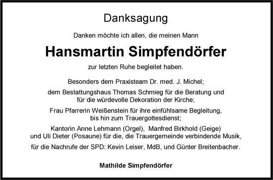 Traueranzeige von Hansmartin Simpfendörfer von Fränkische Nachrichten