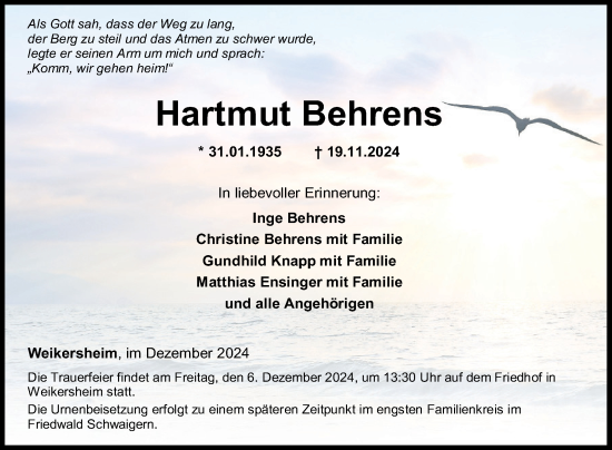 Traueranzeige von Hartmut Behrens von Fränkische Nachrichten