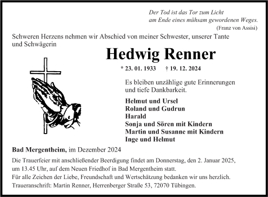 Traueranzeige von Hedwig Renner von Fränkische Nachrichten