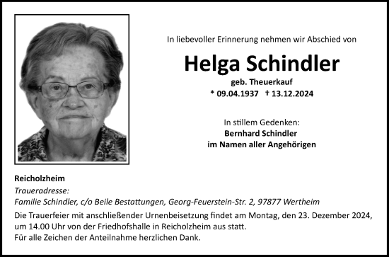 Traueranzeige von Helga Schindler von Fränkische Nachrichten