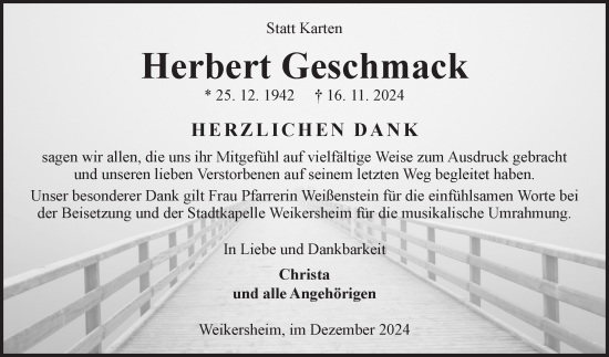 Traueranzeige von Herbert Geschmack von Fränkische Nachrichten