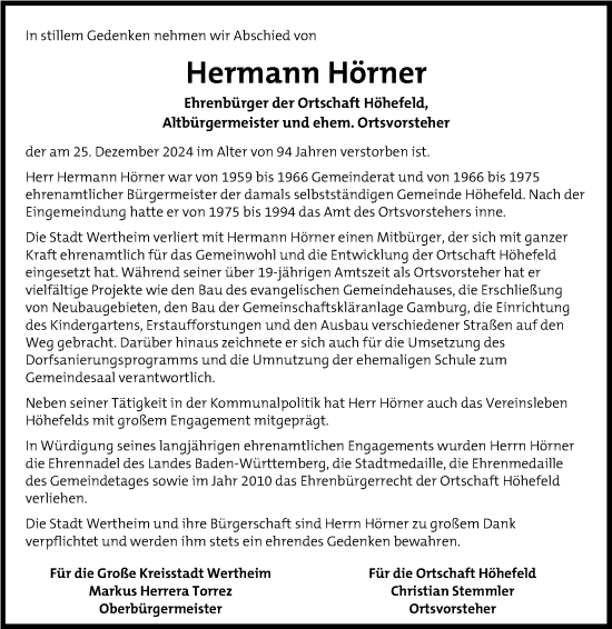 Traueranzeige von Hermann Hörner von Fränkische Nachrichten