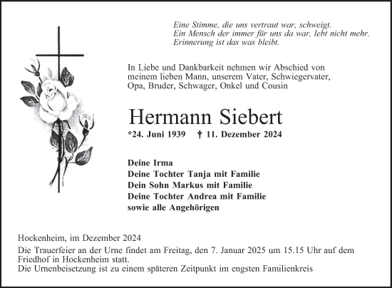 Traueranzeige von Hermann Siebert von Schwetzinger Zeitung
