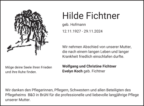 Traueranzeige von Hilde Fichtner von Schwetzinger Zeitung