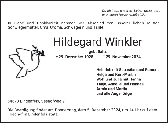 Traueranzeige von Hildegard Winkler von Bergsträßer Anzeiger