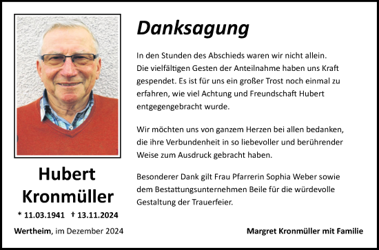 Traueranzeige von Hubert Kronmüller von Fränkische Nachrichten