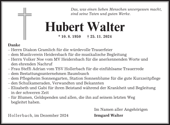 Traueranzeige von Hubert Walter von Fränkische Nachrichten