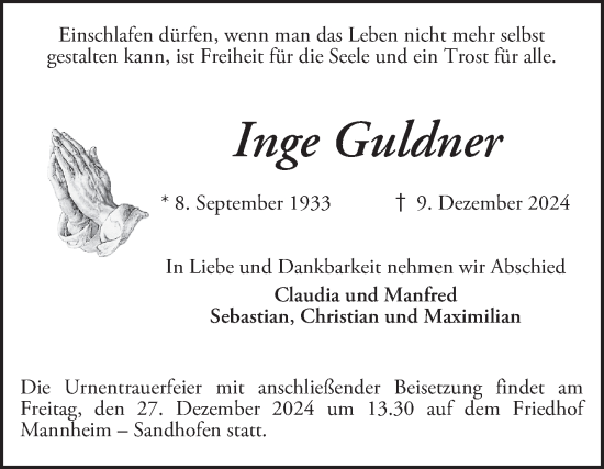 Traueranzeige von Inge Guldner von Mannheimer Morgen