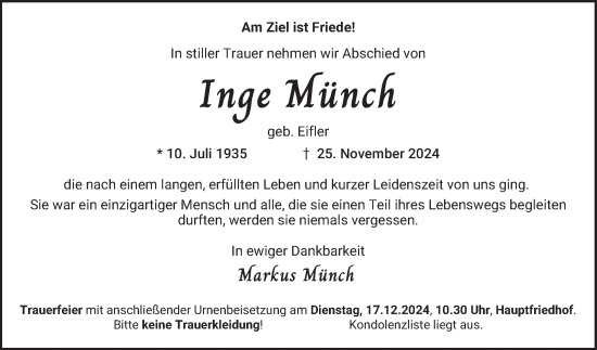 Traueranzeige von Inge Münch von Mannheimer Morgen