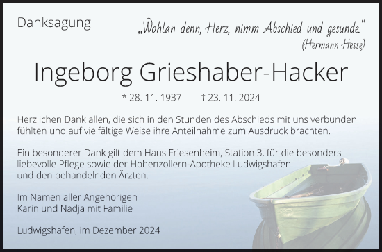 Traueranzeige von Ingeborg Grieshaber-Hacker von Mannheimer Morgen