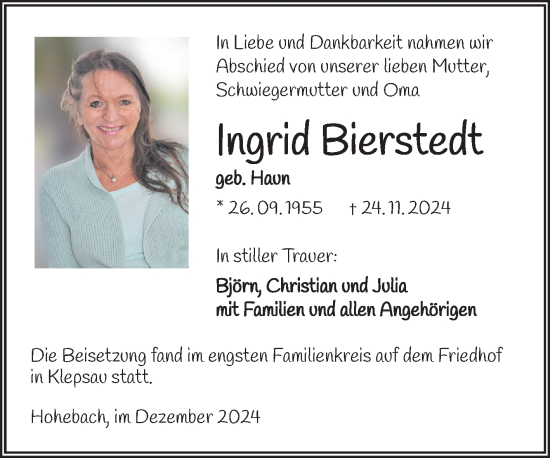 Traueranzeige von Ingrid Bierstedt von Fränkische Nachrichten