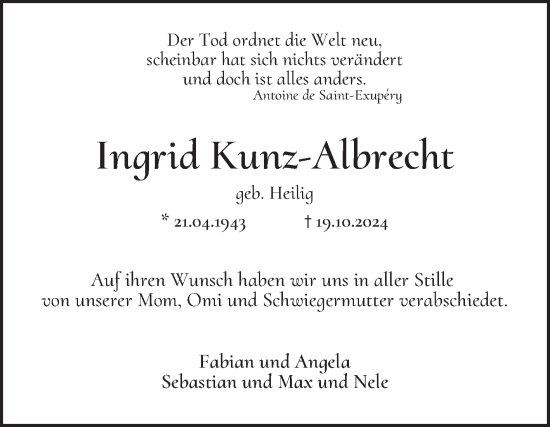 Traueranzeige von Ingrid Kunz-Albrecht von Mannheimer Morgen