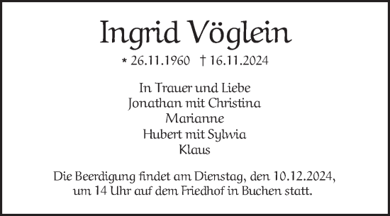 Traueranzeige von Ingrid Vöglein von Fränkische Nachrichten