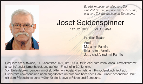 Traueranzeige von Josef Seidenspinner von Fränkische Nachrichten