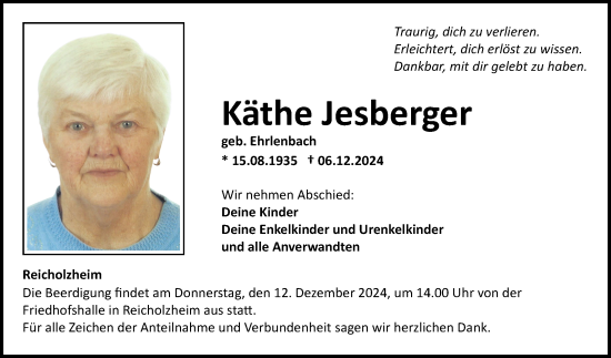 Traueranzeige von Käthe Jesberger von Fränkische Nachrichten