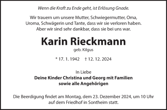 Traueranzeige von Karin Rieckmann von Fränkische Nachrichten