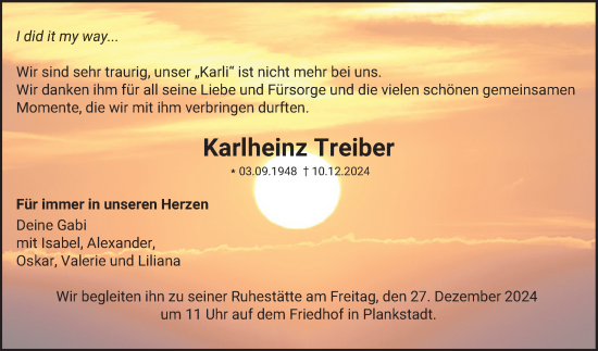 Traueranzeige von Karlheinz Treiber von Schwetzinger Zeitung