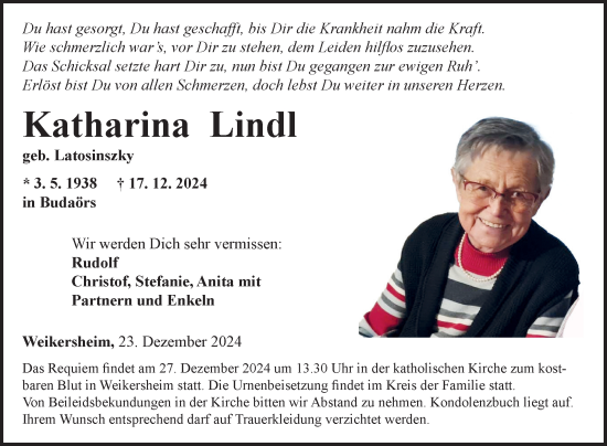 Traueranzeige von Katharina Lindl von Fränkische Nachrichten