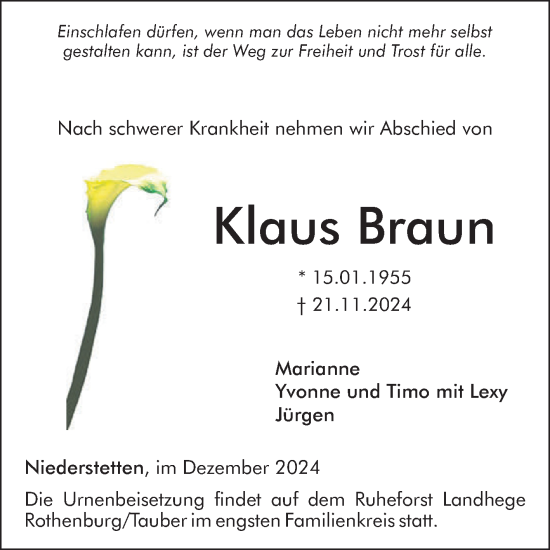 Traueranzeige von Klaus Braun von Fränkische Nachrichten