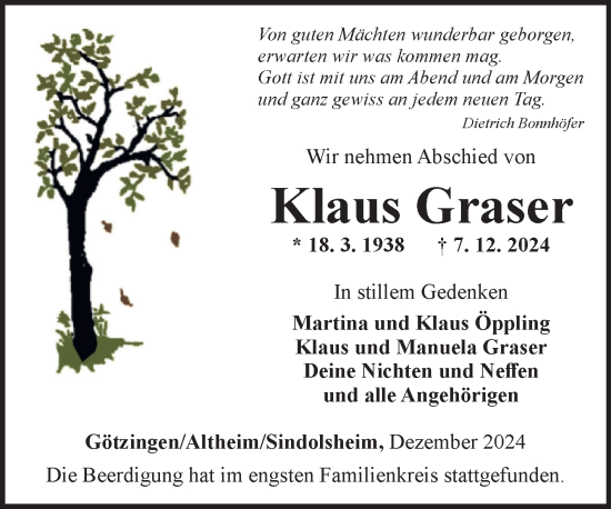 Traueranzeige von Klaus Graser von Fränkische Nachrichten