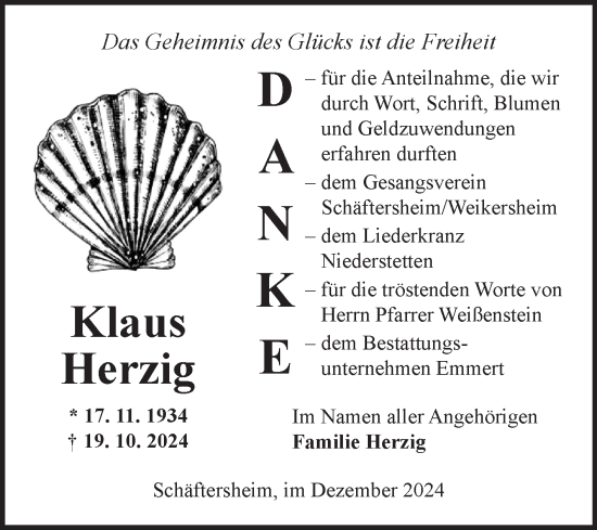 Traueranzeige von Klaus Herzig von Fränkische Nachrichten