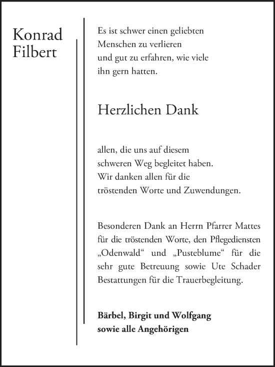 Traueranzeige von Konrad Filbert von Bergsträßer Anzeiger