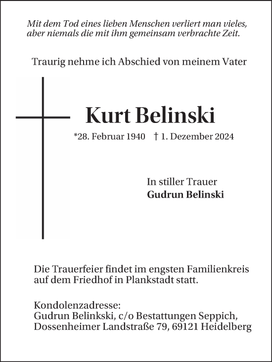 Traueranzeige von Kurt Belinski von Schwetzinger Zeitung