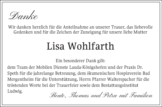 Traueranzeige von Lisa Wohlfarth von Fränkische Nachrichten