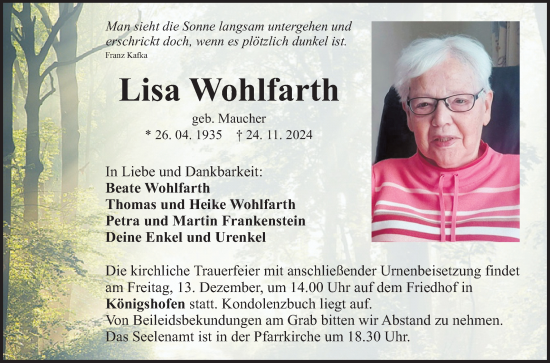 Traueranzeige von Lisa Wohlfarth von Fränkische Nachrichten