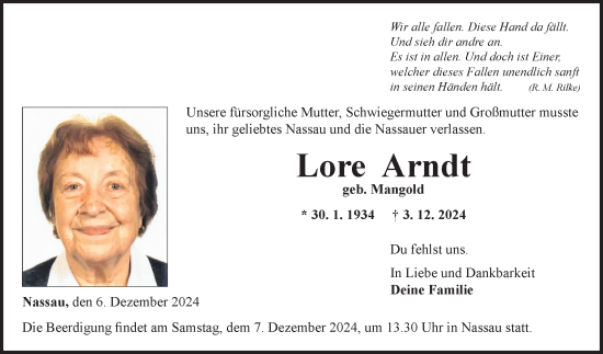 Traueranzeige von Lore Arndt von Fränkische Nachrichten