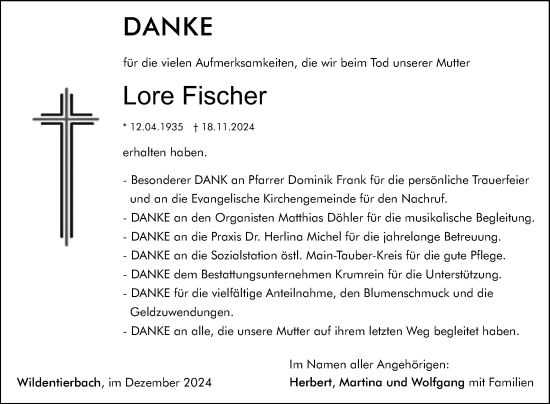 Traueranzeige von Lore Fischer von Fränkische Nachrichten