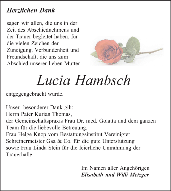 Traueranzeige von Lucia Hambsch von Schwetzinger Zeitung