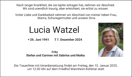 Traueranzeige von Lucia Watzel von Mannheimer Morgen