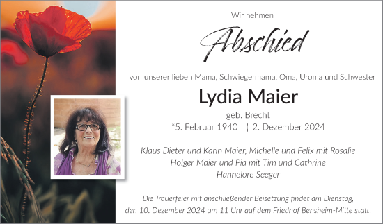 Traueranzeige von Lydia Maier von Bergsträßer Anzeiger