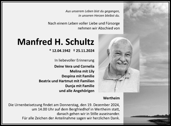 Traueranzeige von Manfred Schultz von Fränkische Nachrichten