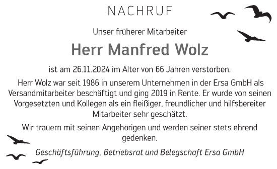 Traueranzeige von Manfred Wolz von Fränkische Nachrichten