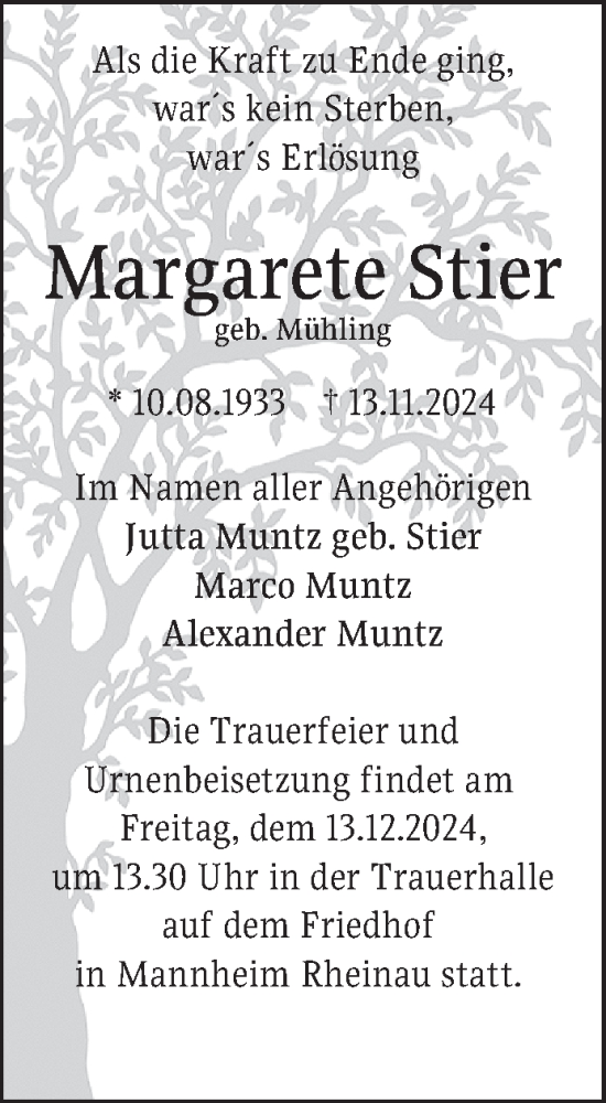 Traueranzeige von Margarete Stier von Mannheimer Morgen