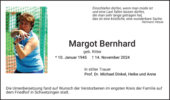 Traueranzeige von Margot Bernhard von Schwetzinger Zeitung