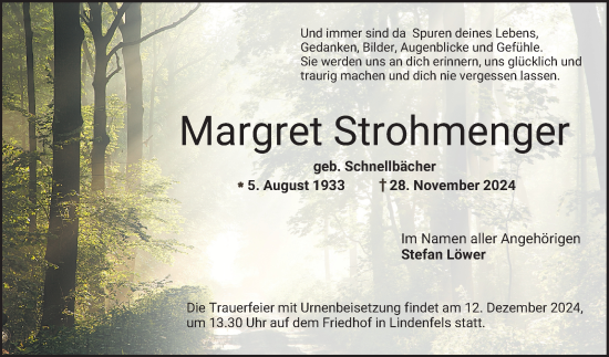 Traueranzeige von Margret Strohmenger von Bergsträßer Anzeiger