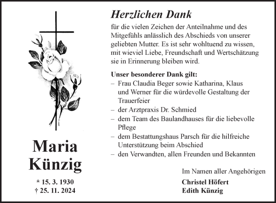 Traueranzeige von Maria Künzig von Fränkische Nachrichten