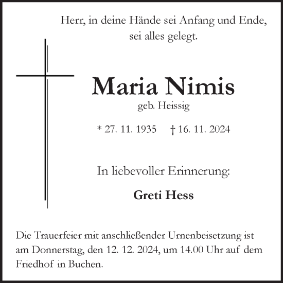 Traueranzeige von Maria Nimis von Fränkische Nachrichten