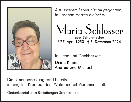 Traueranzeige von Maria Schlosser von Mannheimer Morgen