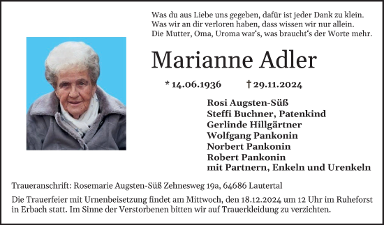 Traueranzeige von Marianne Adler von Bergsträßer Anzeiger