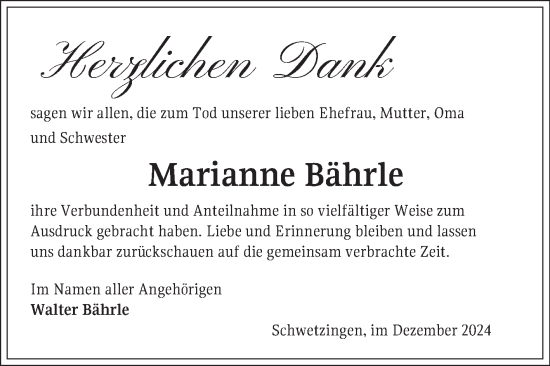 Traueranzeige von Marianne Bährle von Schwetzinger Zeitung