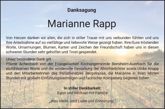 Traueranzeige von Marianne Rapp von Bergsträßer Anzeiger