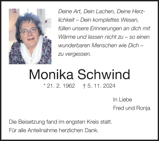 Traueranzeige von Monika Schwind von Fränkische Nachrichten