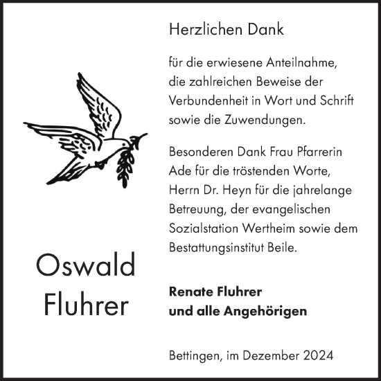 Traueranzeige von Oswald Fluhrer von Fränkische Nachrichten