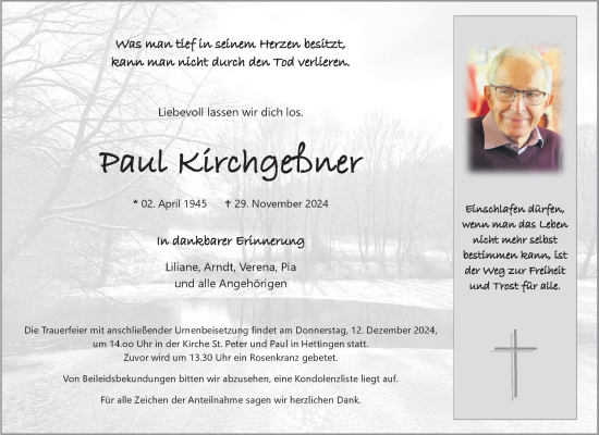 Traueranzeige von Paul Kirchgeßner von Fränkische Nachrichten