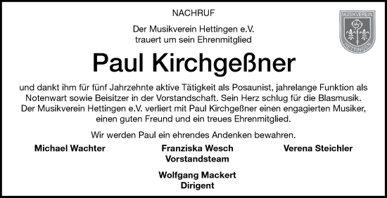 Traueranzeige von Paul Kirchgeßner von Fränkische Nachrichten