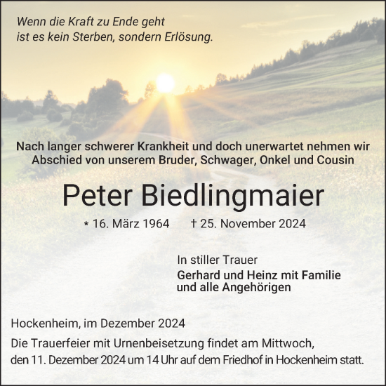 Traueranzeige von Peter Biedlingmaier von Schwetzinger Zeitung